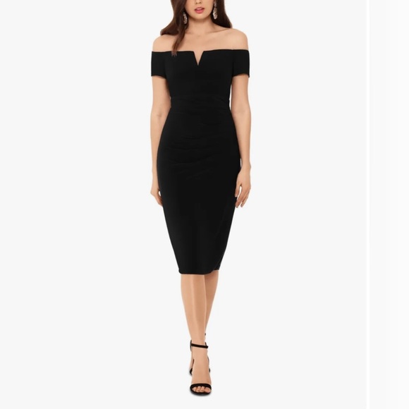 XSCAPE Womens Black Notched Neckline Short Sleeve Off Sheath Dress 6 Small NEW - Picture 1 of 15
